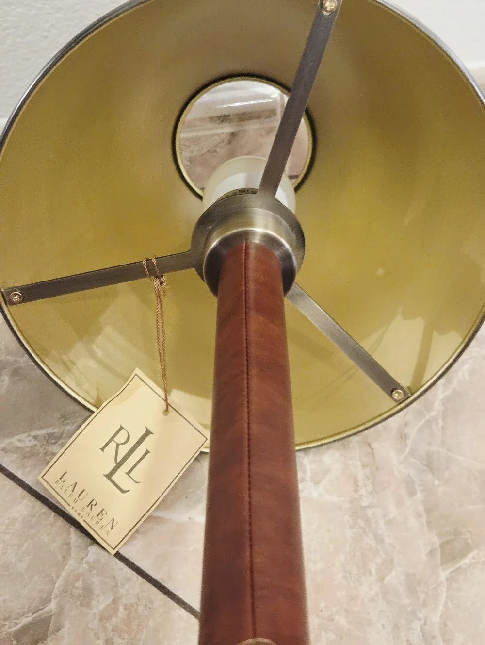 Ralph Lauren Home Brass & Leather Candlestick Buffet Lamp 30” Empire Shade NEW